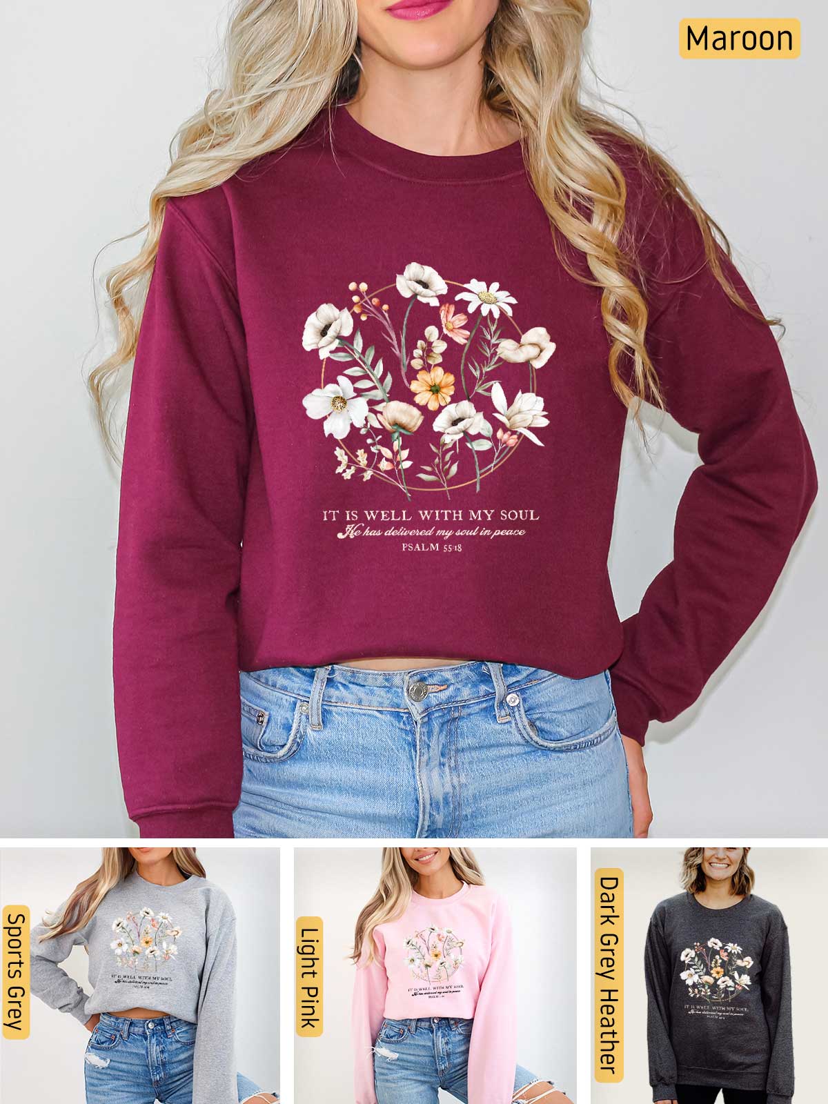 a woman wearing a sweatshirt with flowers on it