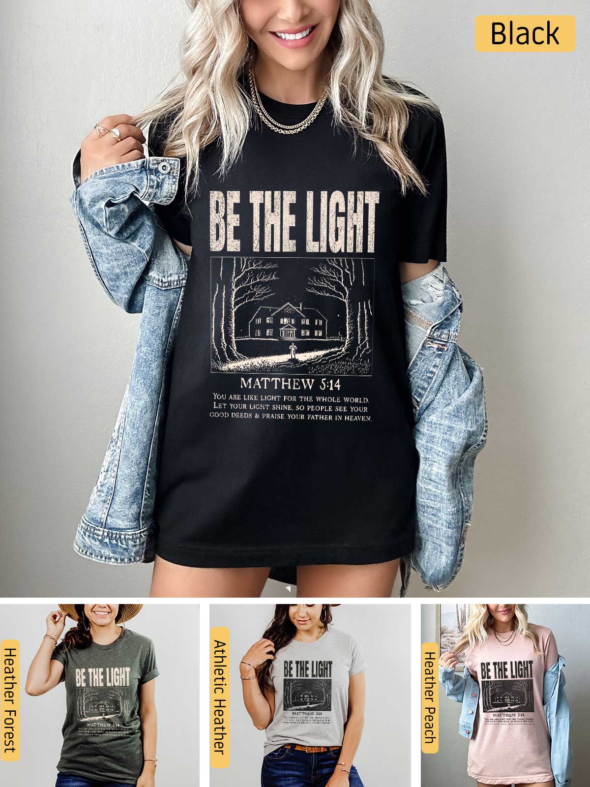 a woman wearing a t - shirt that says be the light