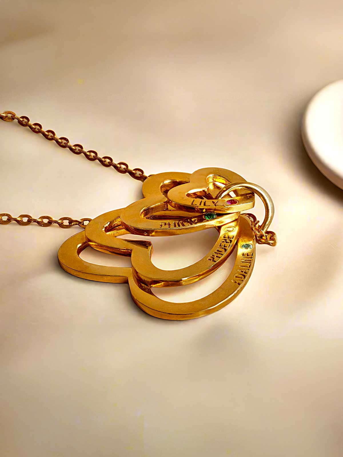 a close up of a necklace on a table