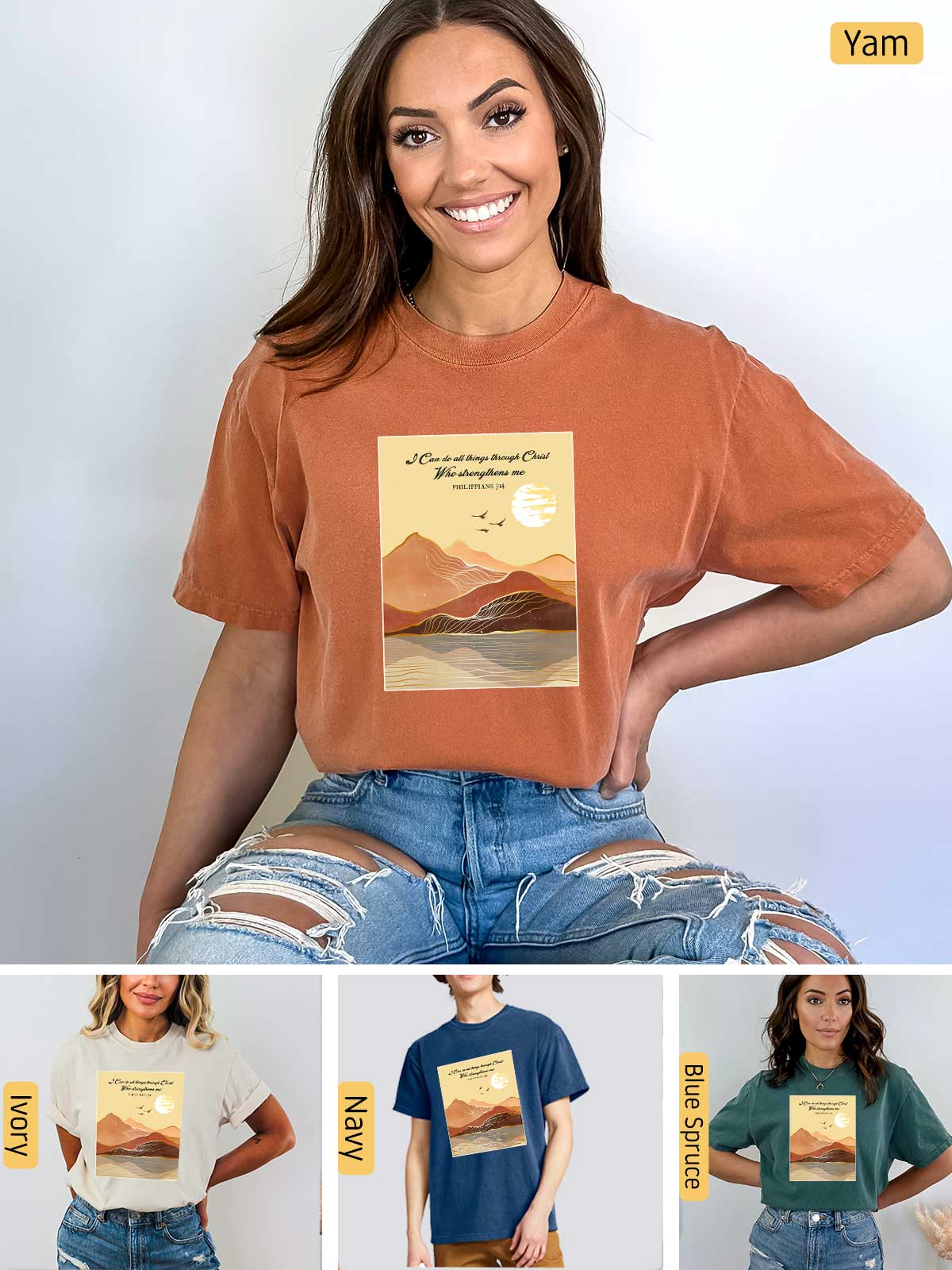 a woman wearing a t - shirt with a picture of mountains on it