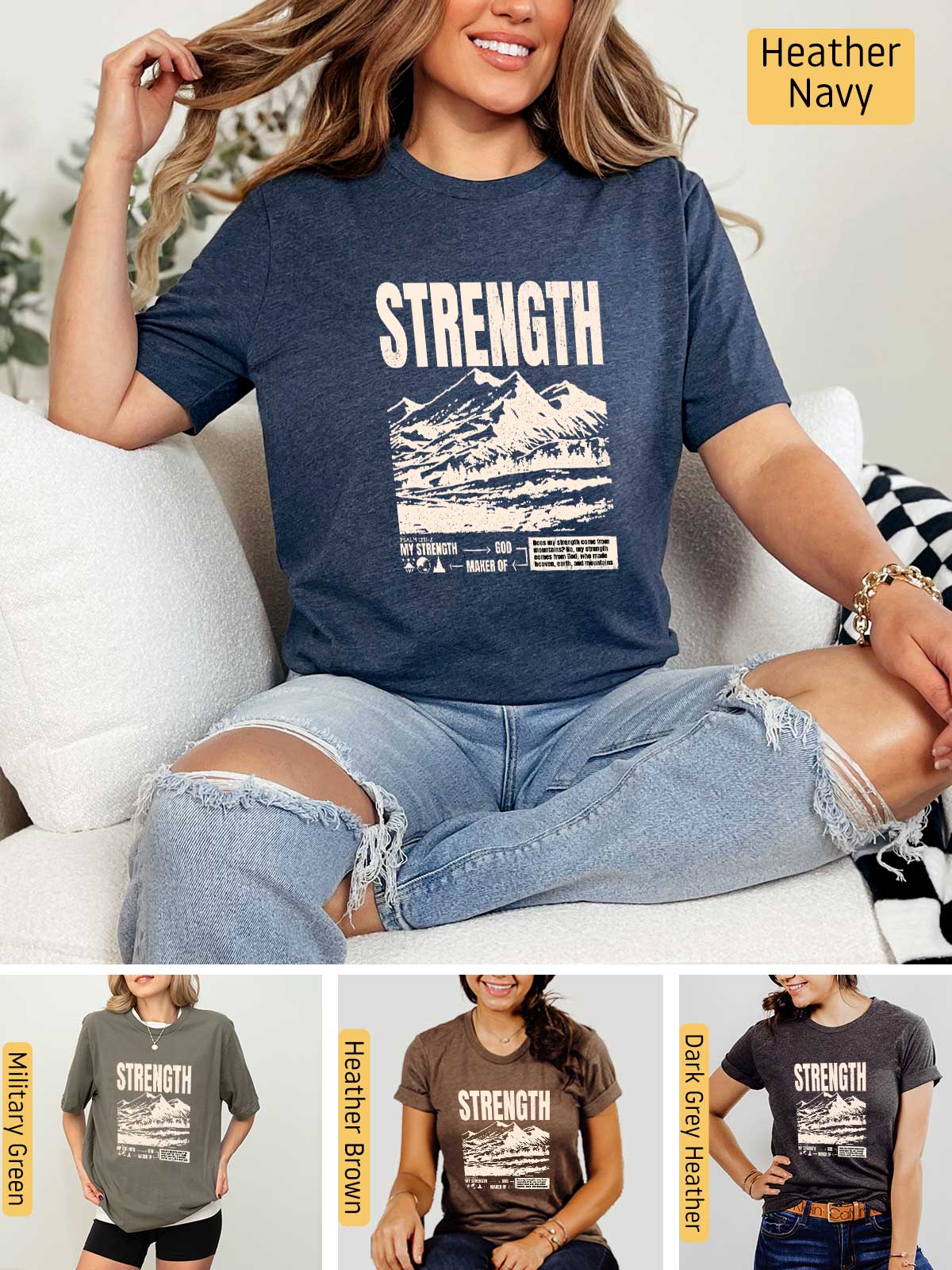 a woman sitting on a couch wearing a shirt that says strength