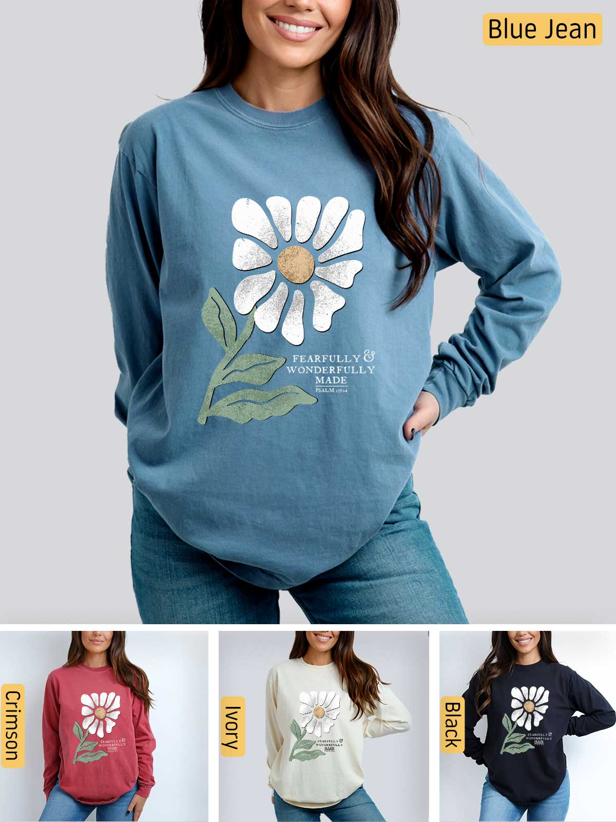 a woman wearing a sweatshirt with a flower on it