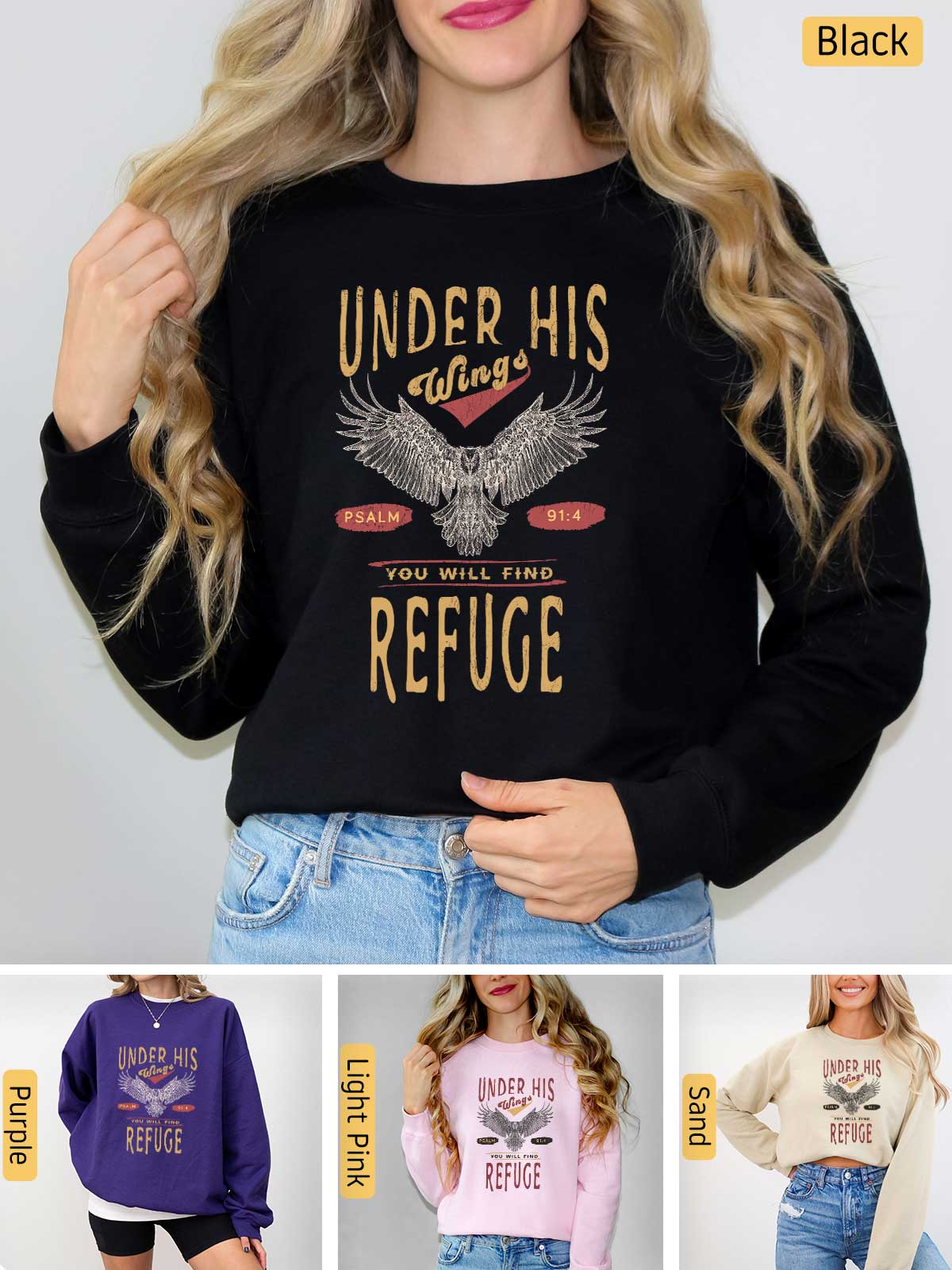 a woman wearing a sweatshirt with the words under his refuge on it