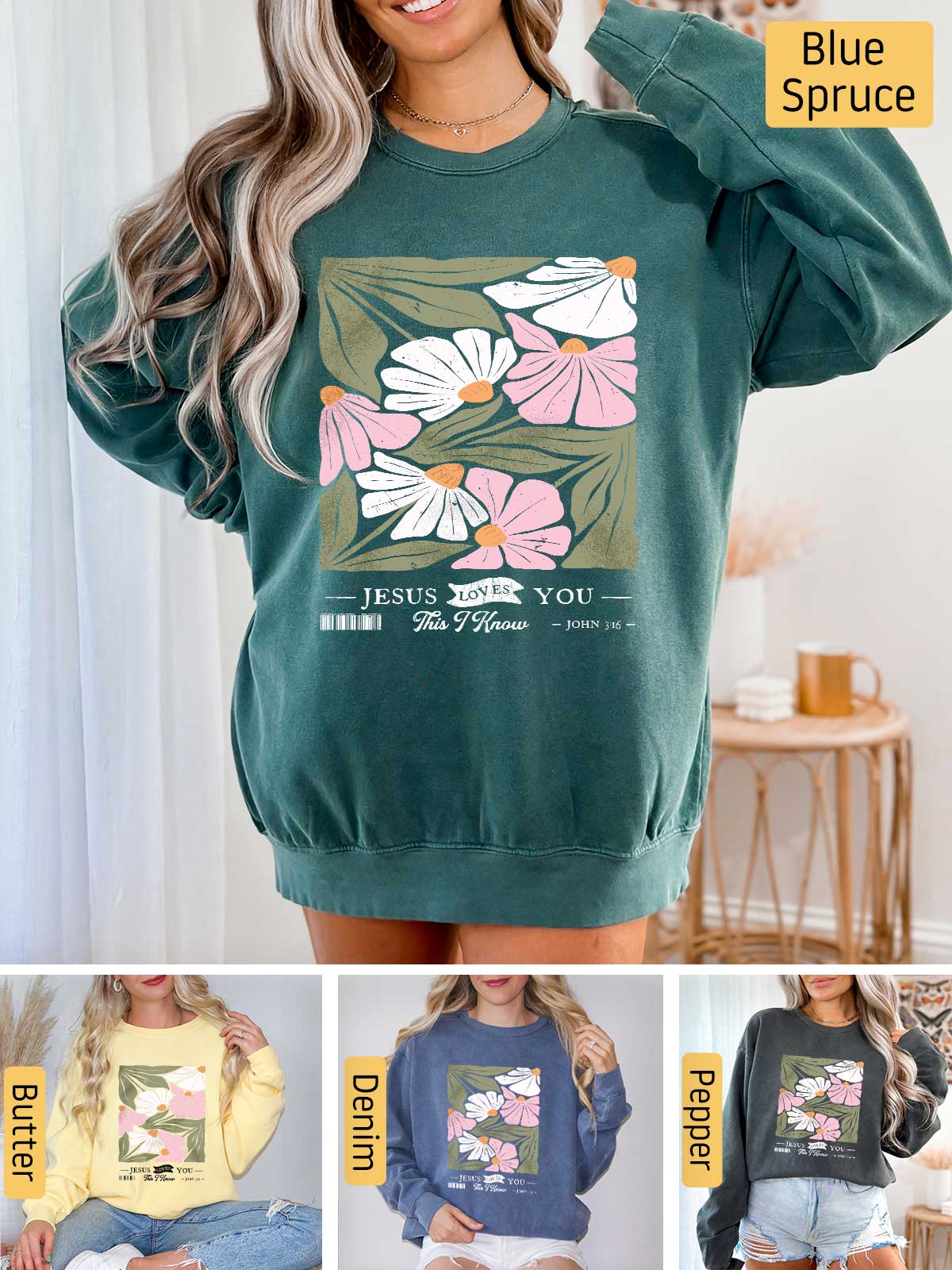 a woman wearing a sweatshirt with flowers on it