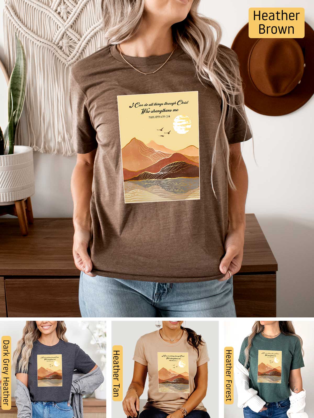 a woman wearing a t - shirt with a picture of a mountain