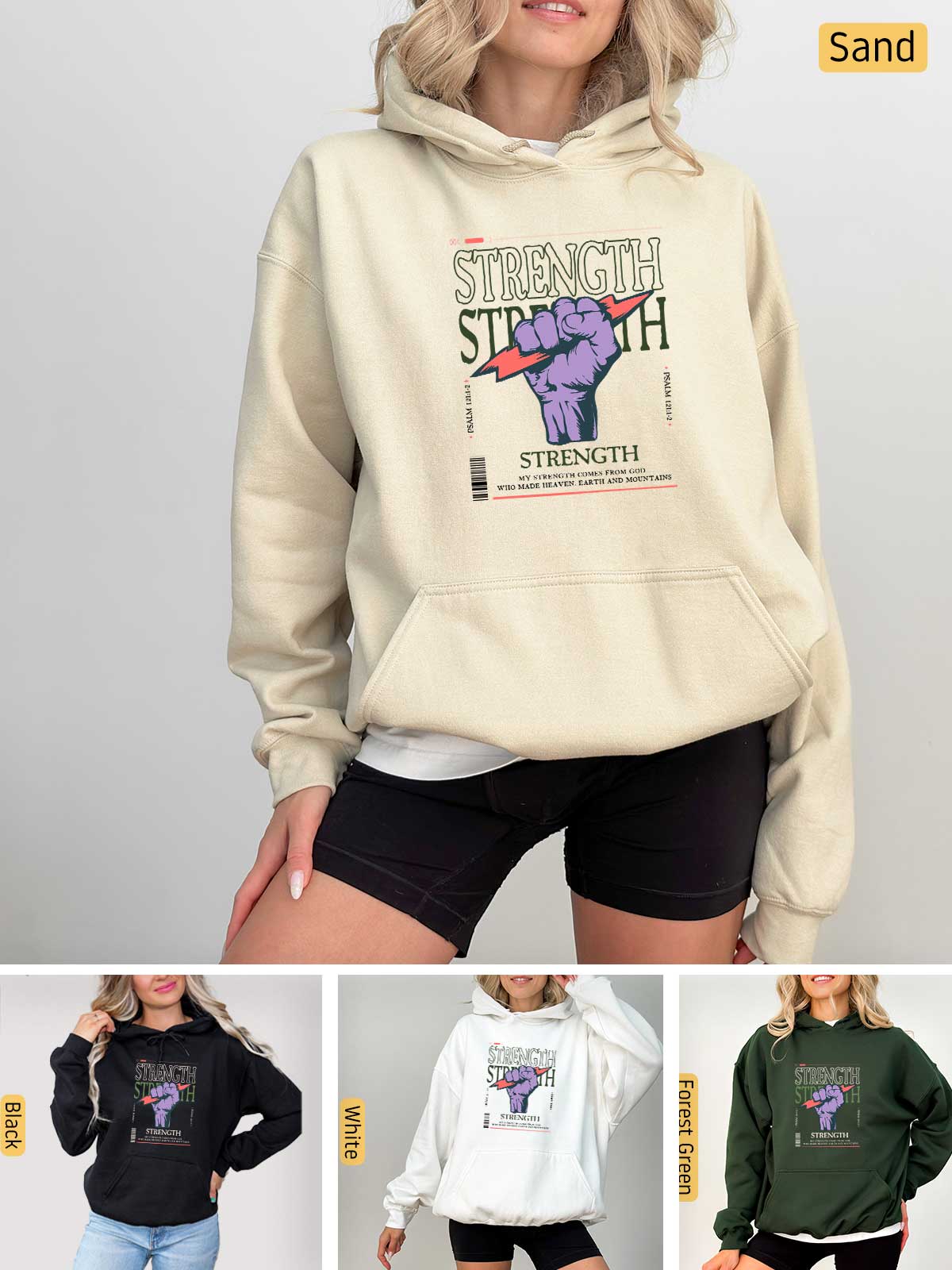 a woman wearing a sweatshirt with the words strength on it