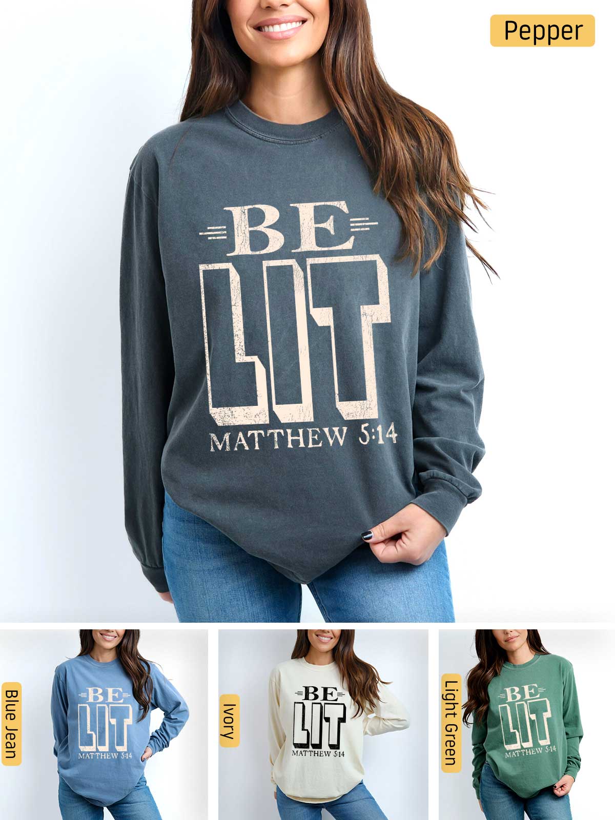 a woman wearing a sweatshirt with the words be lit on it