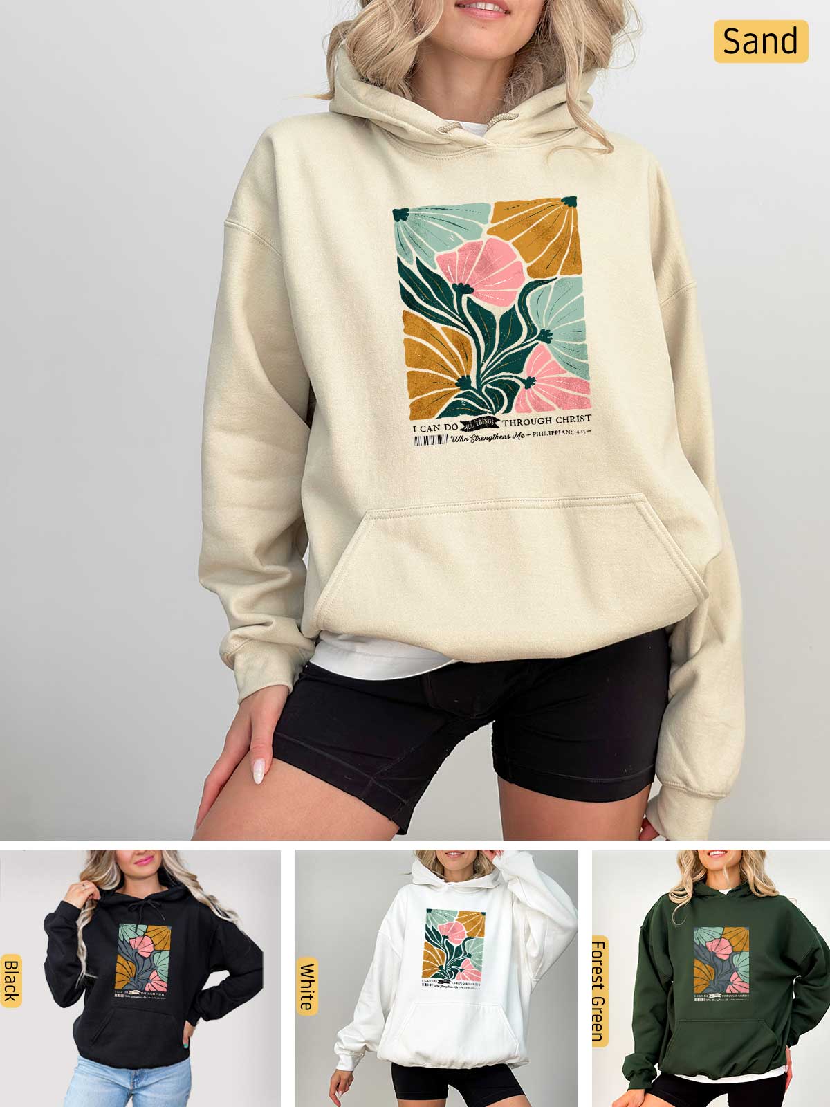 a woman wearing a sweatshirt with a flower on it