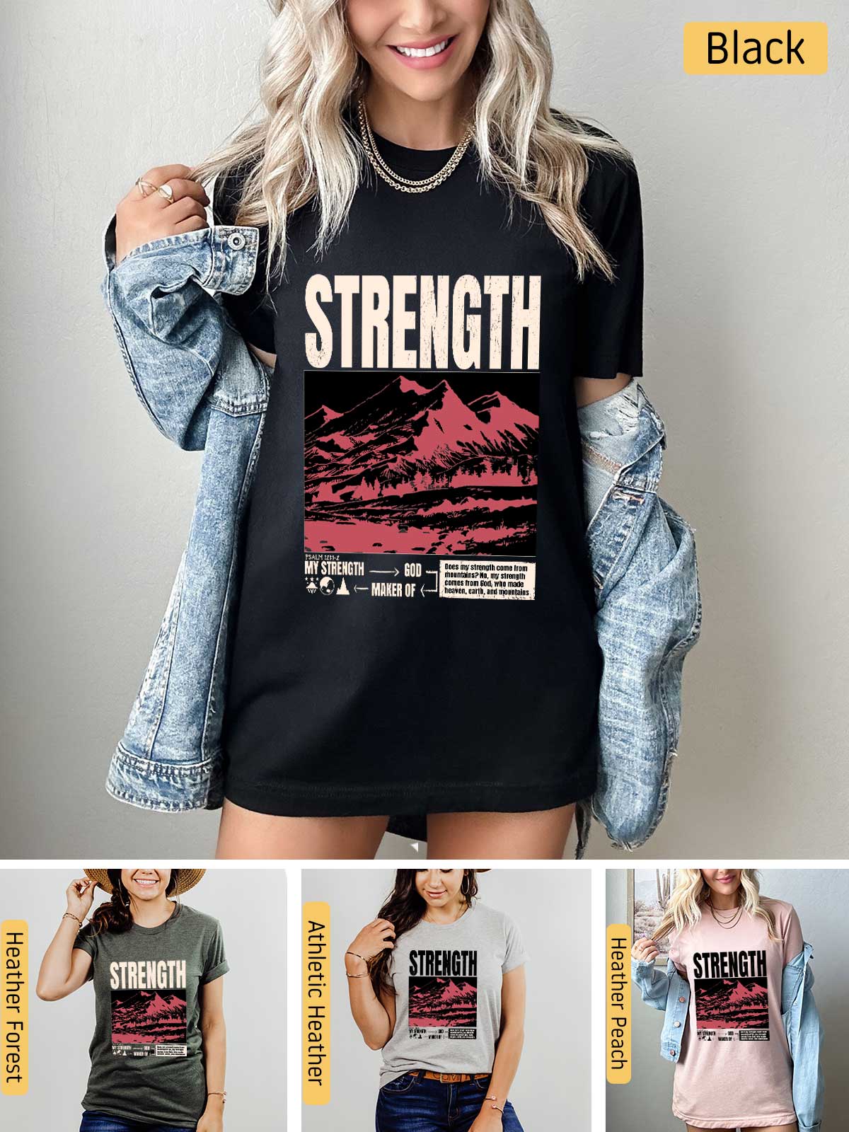 a woman wearing a black shirt with the words strength on it