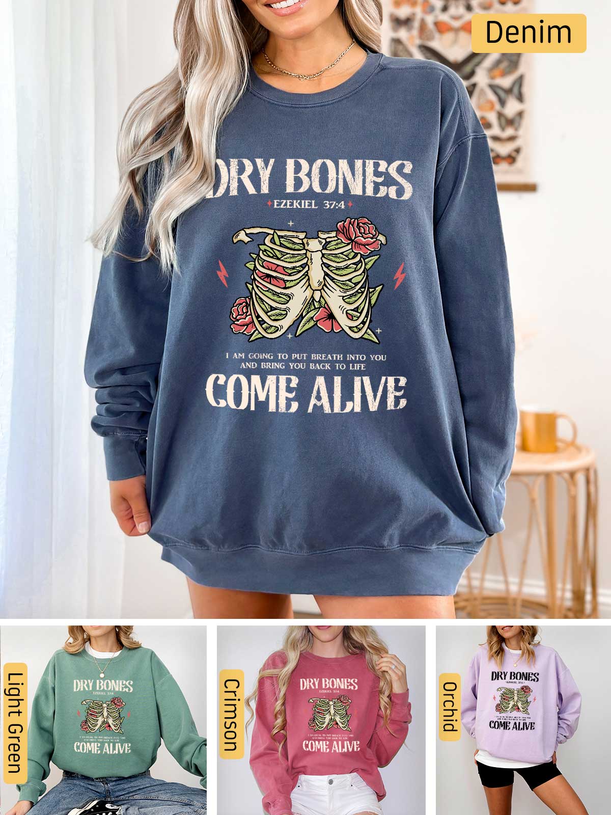 a woman wearing a sweatshirt that says dry bones come alive