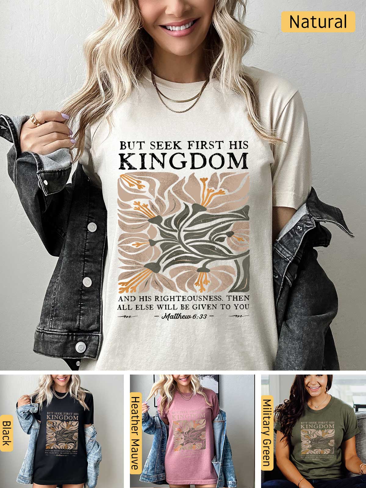 a woman wearing a t - shirt that says, but seek first his kingdom and