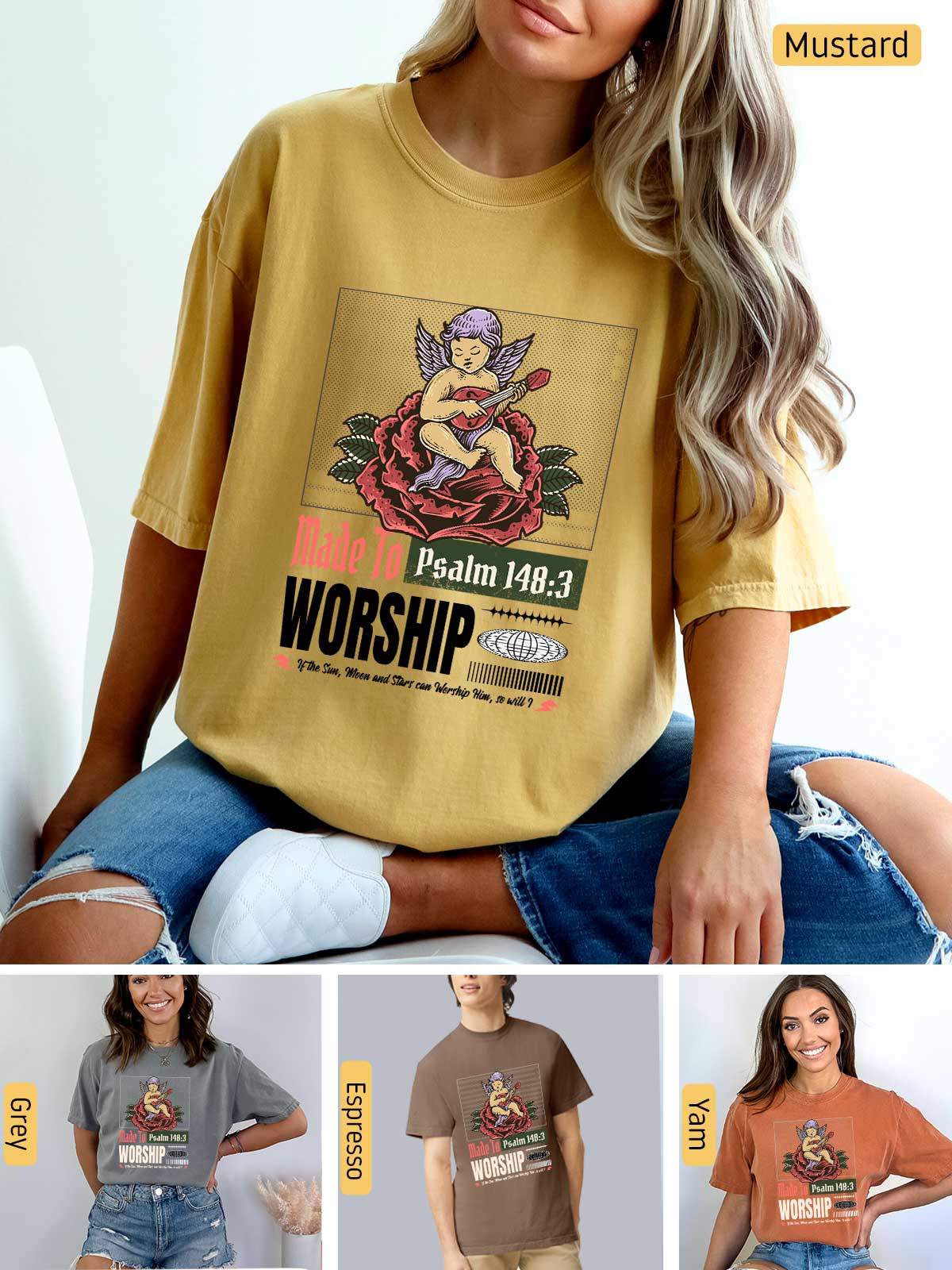 a woman sitting on a chair wearing a mustard shirt