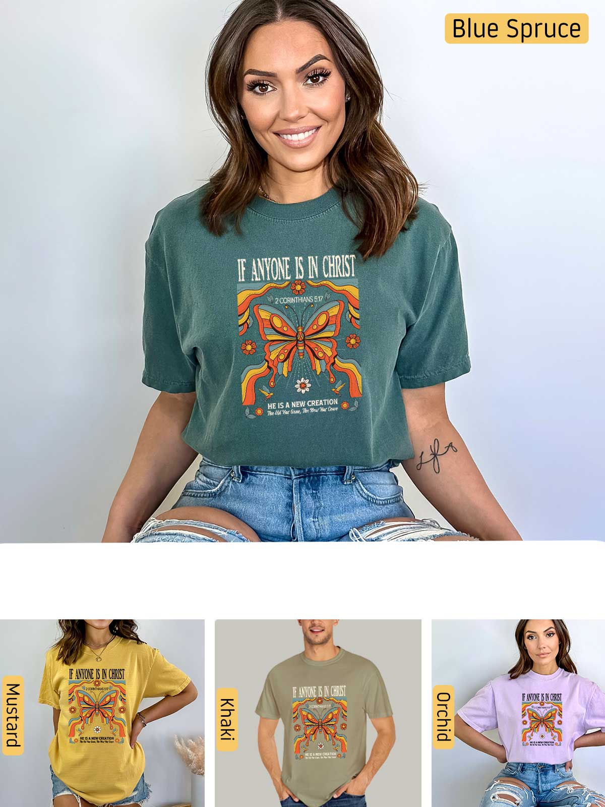 a woman wearing a t - shirt with an image of a butterfly on it