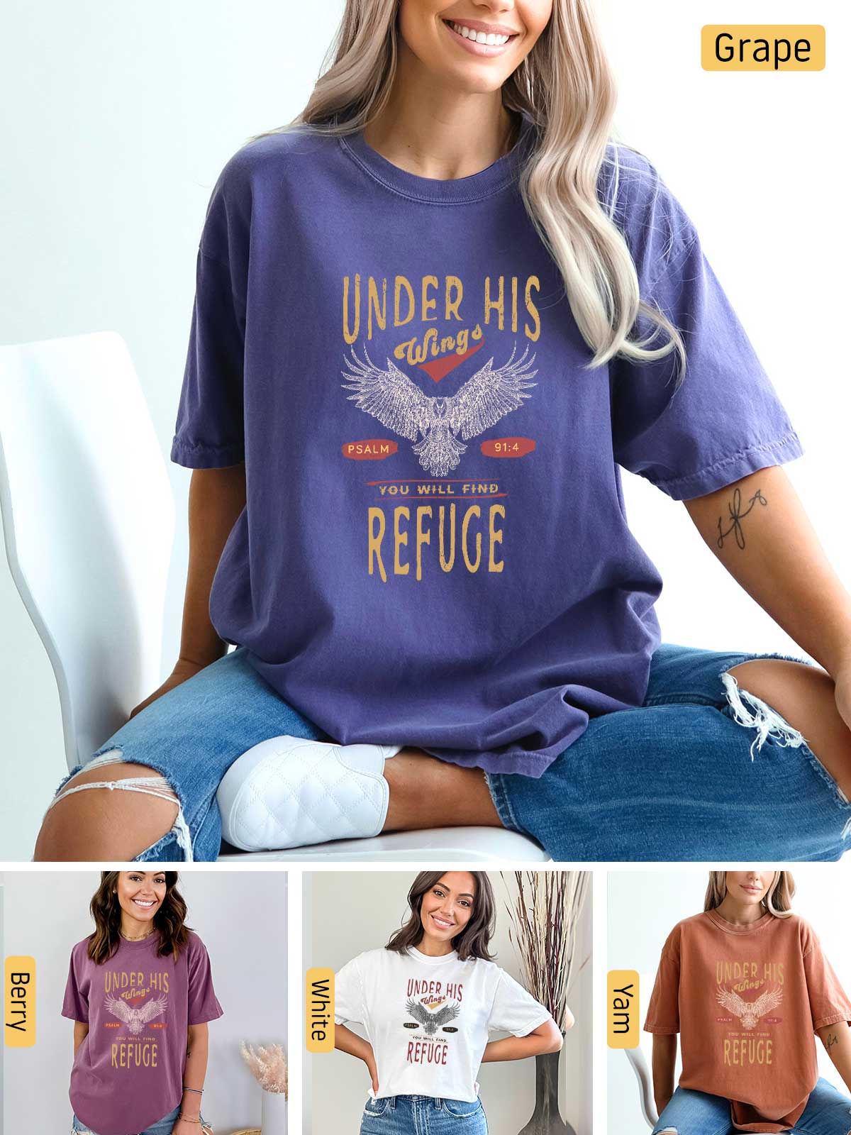 a woman sitting on a chair wearing a t - shirt that says under his refuge