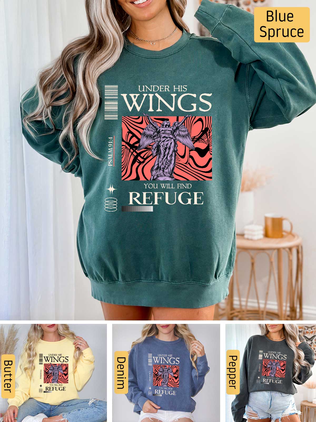 a woman wearing a sweatshirt with wings on it