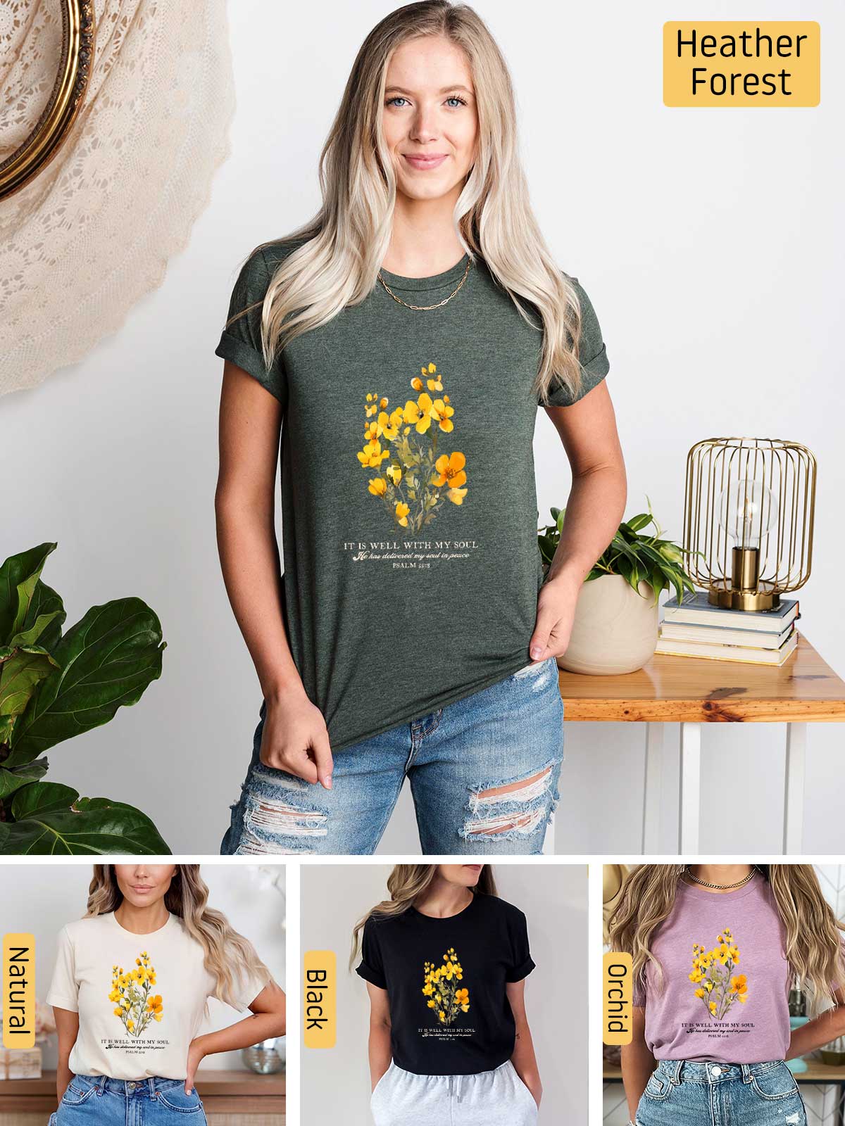 a woman wearing a t - shirt with flowers on it