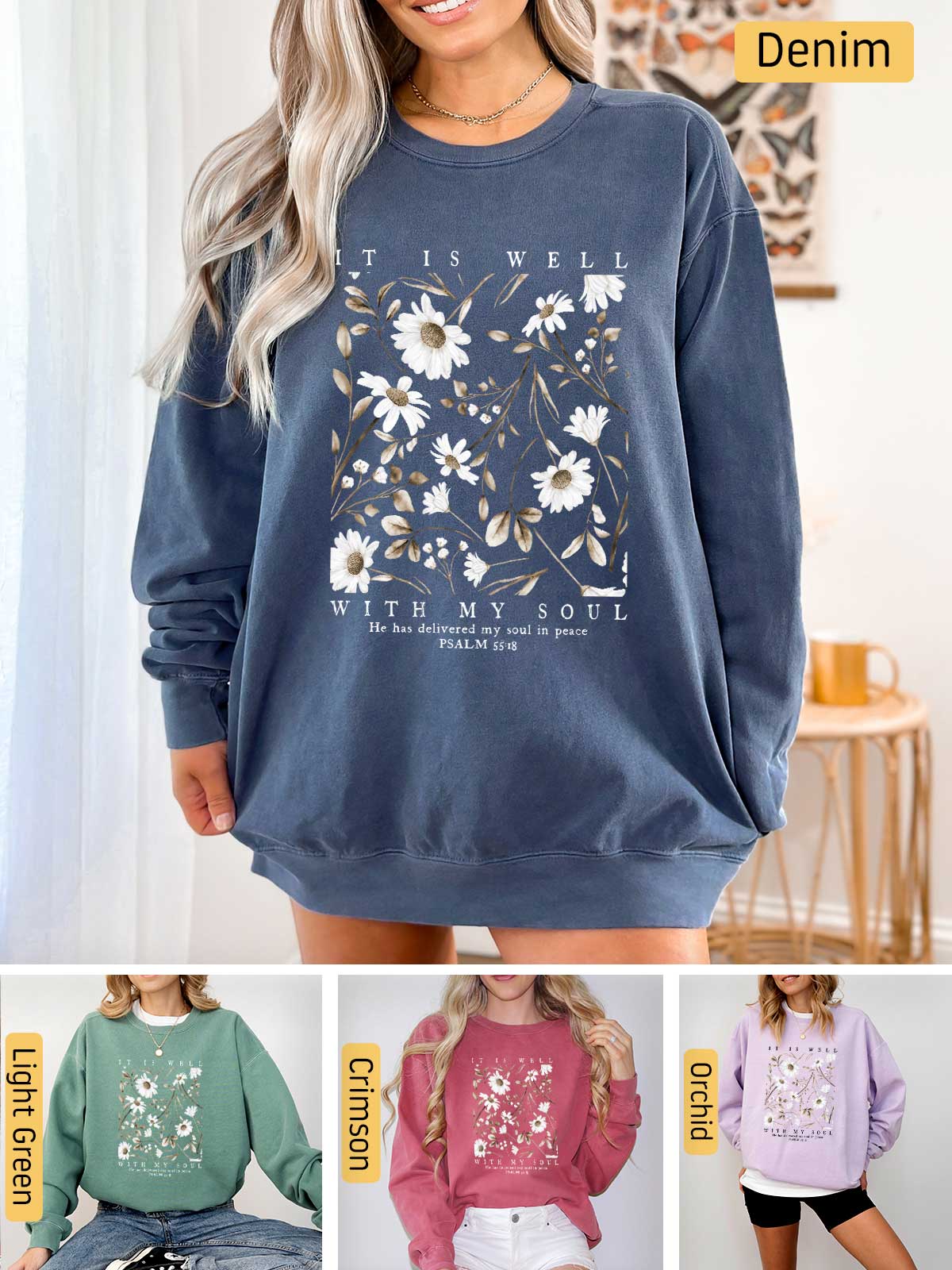 a woman wearing a sweatshirt with flowers on it