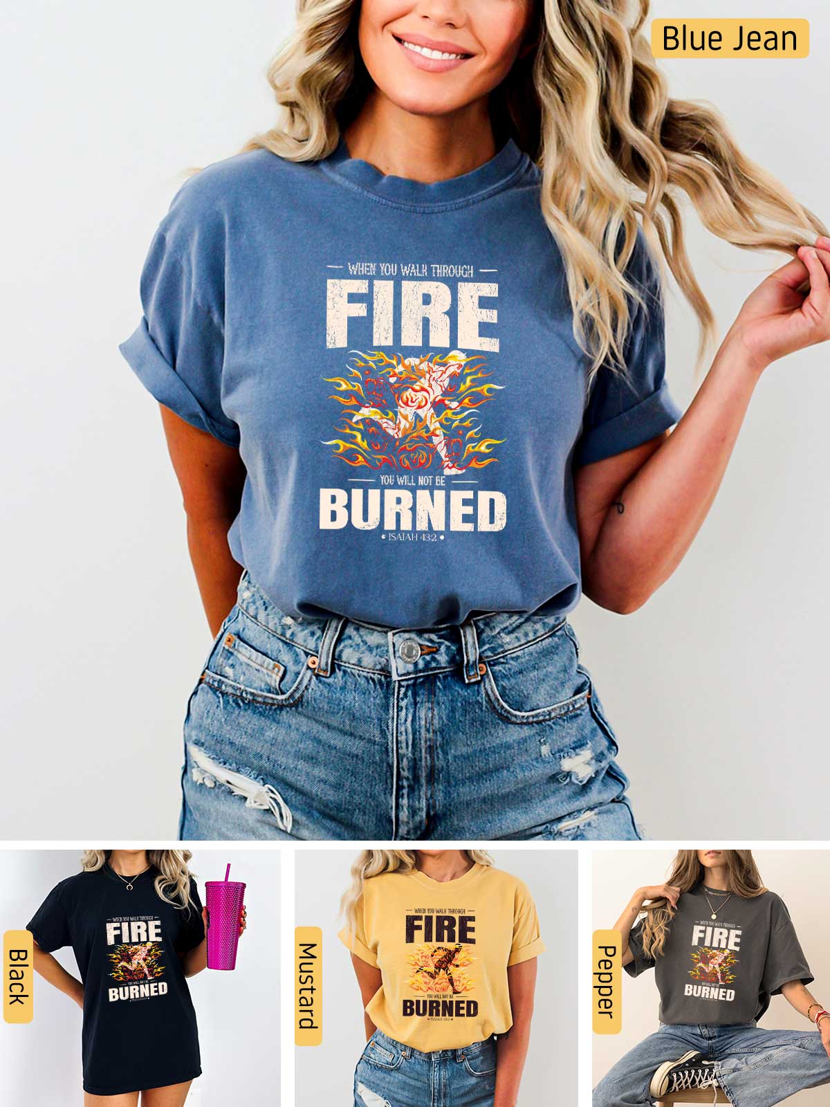 a woman wearing a fire burned t - shirt