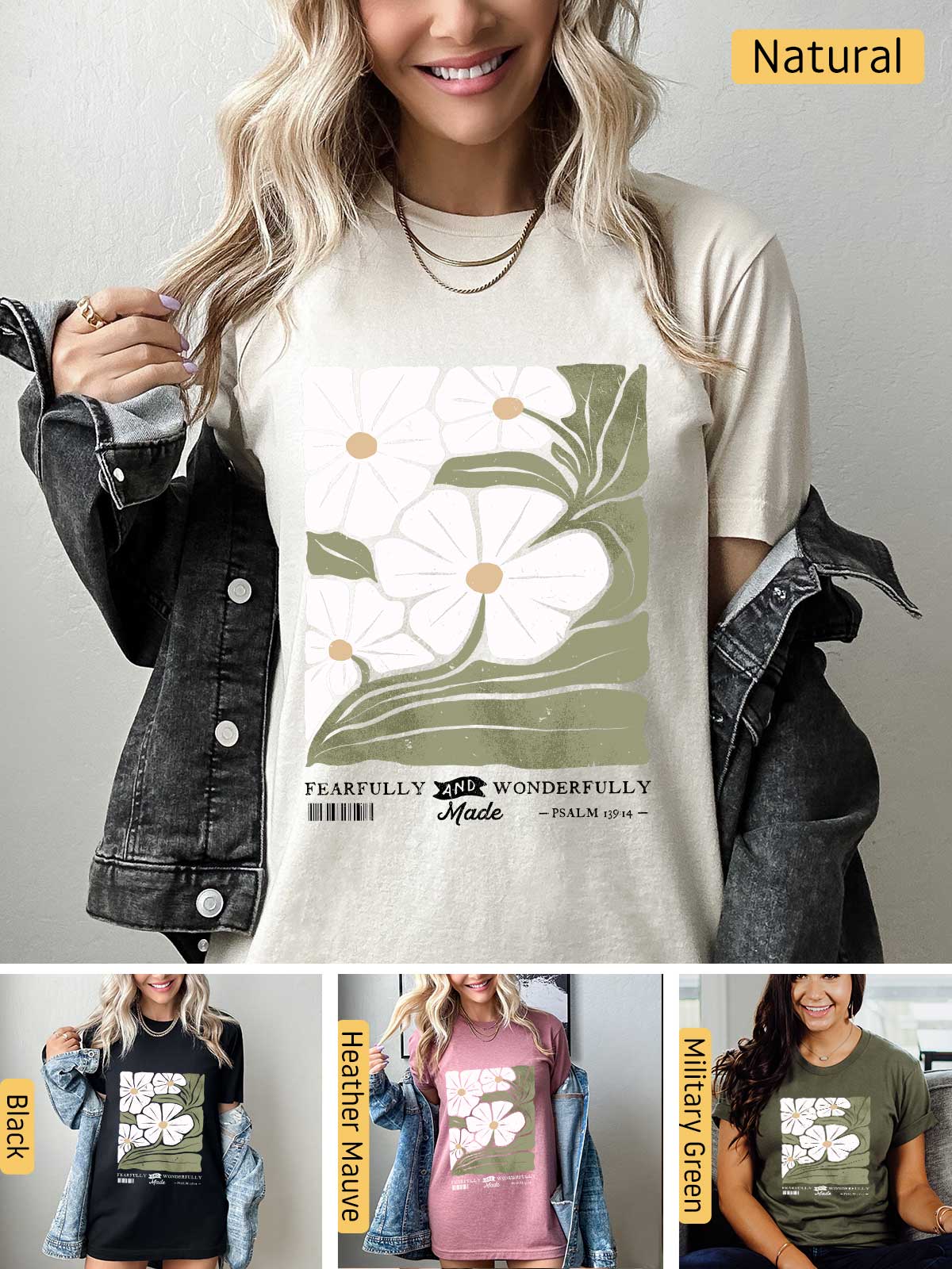 a woman wearing a t - shirt with flowers on it