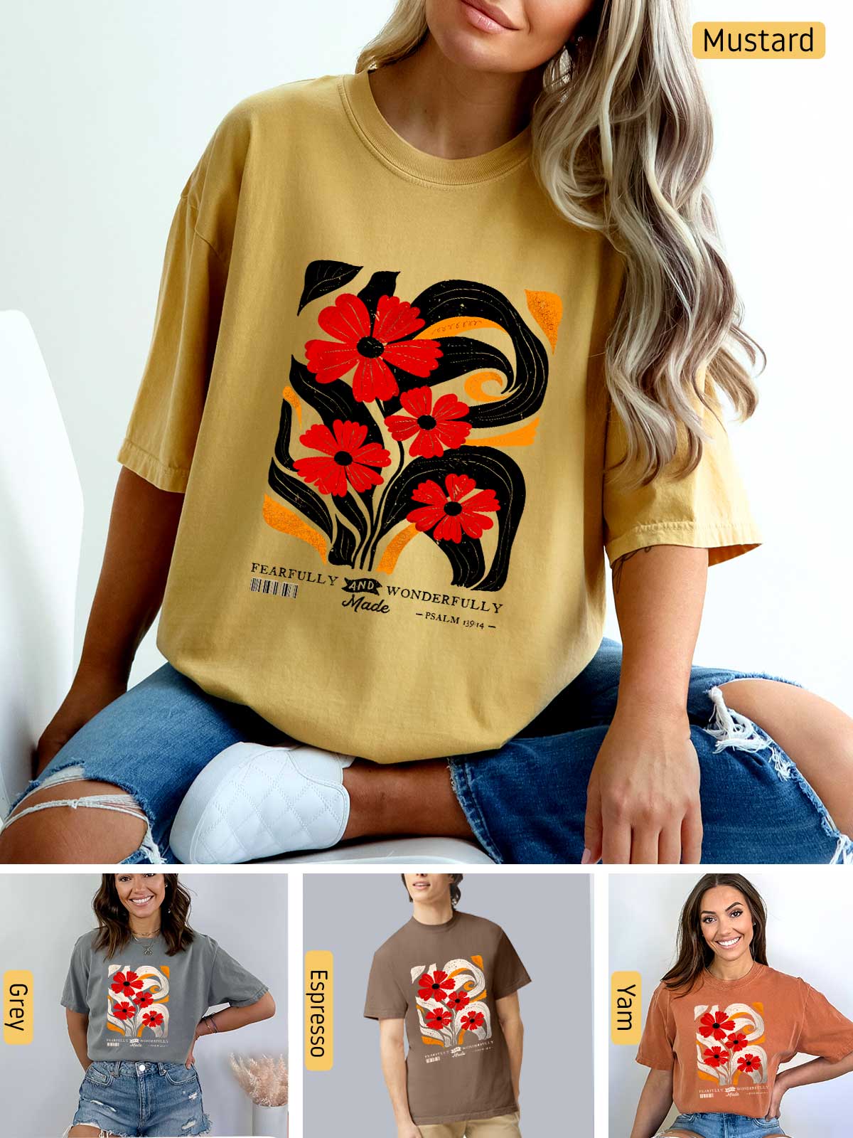 a woman sitting on a chair wearing a t - shirt with flowers on it