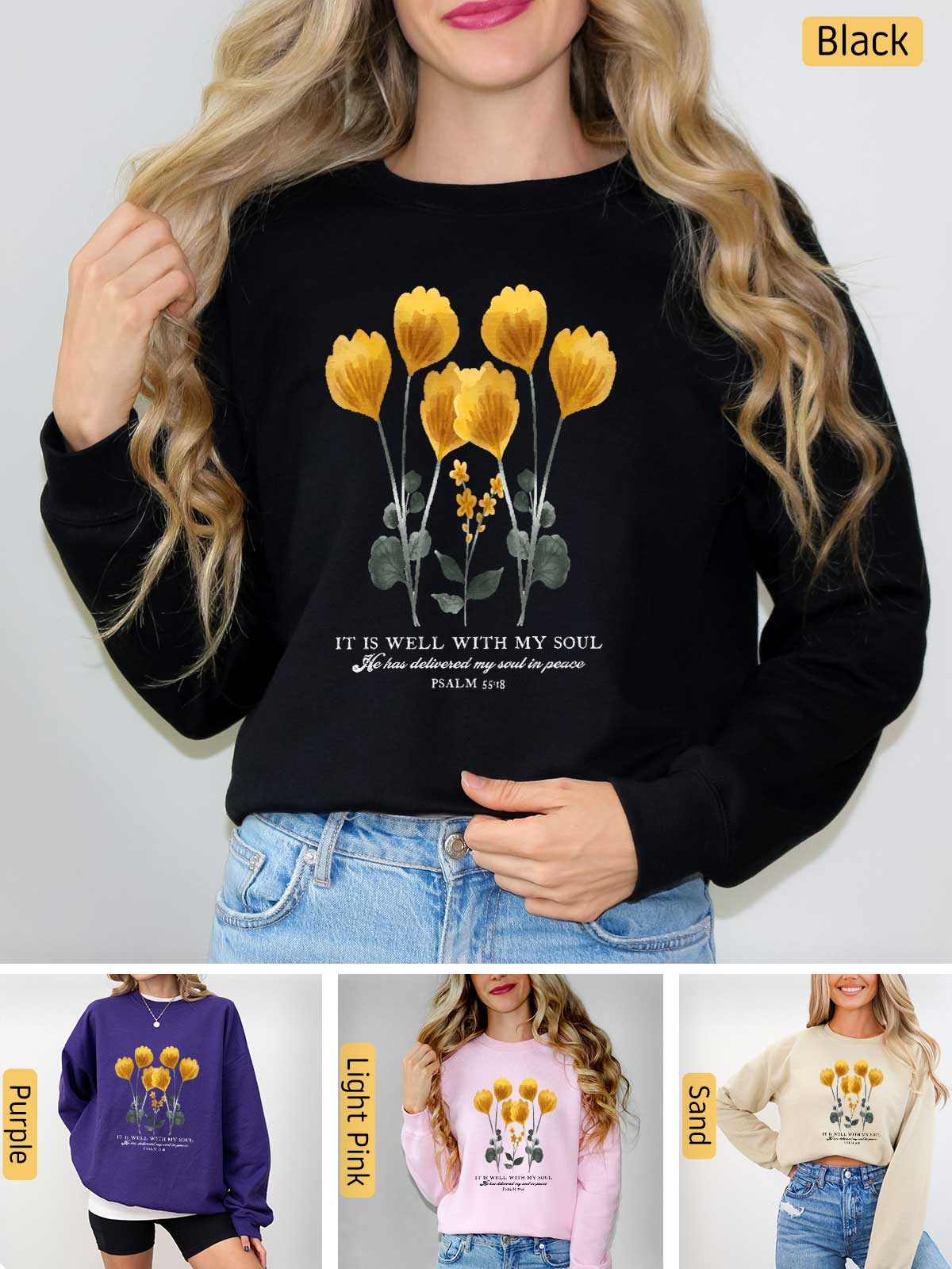 a woman wearing a black sweatshirt with yellow flowers on it