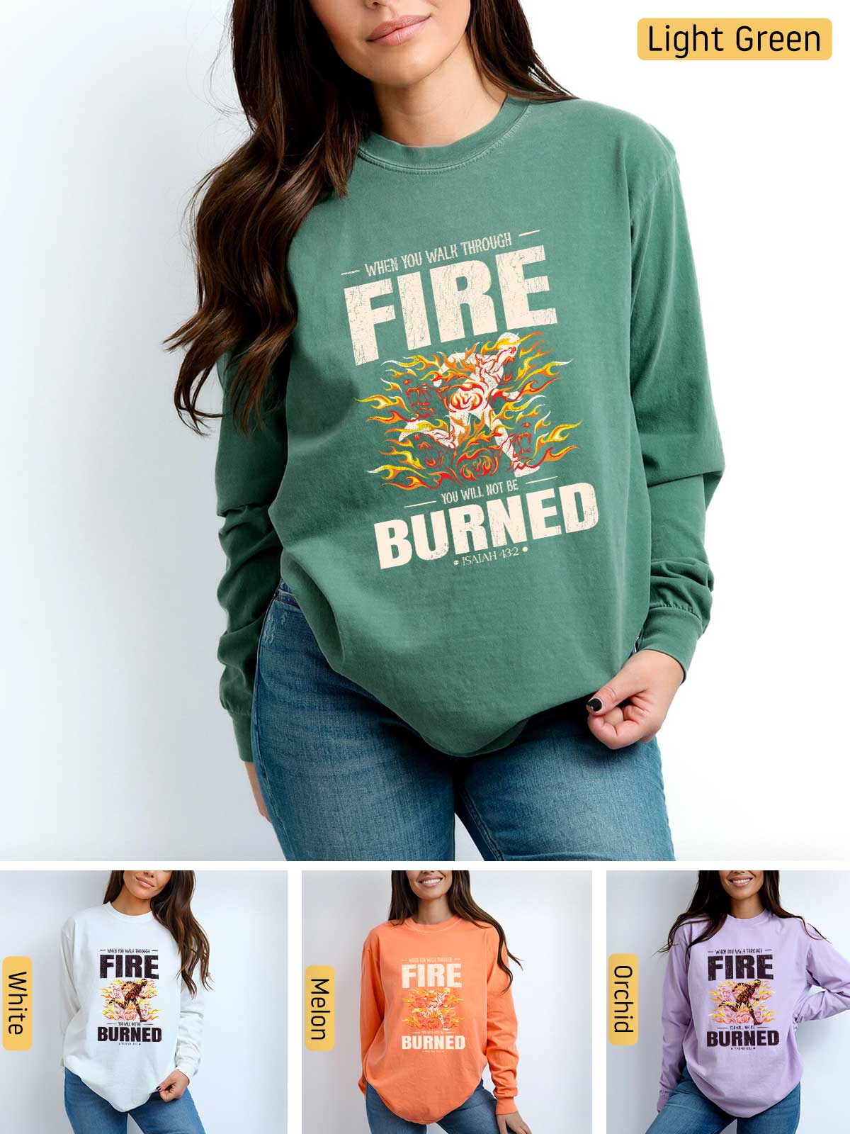 a woman wearing a fire burned sweatshirt