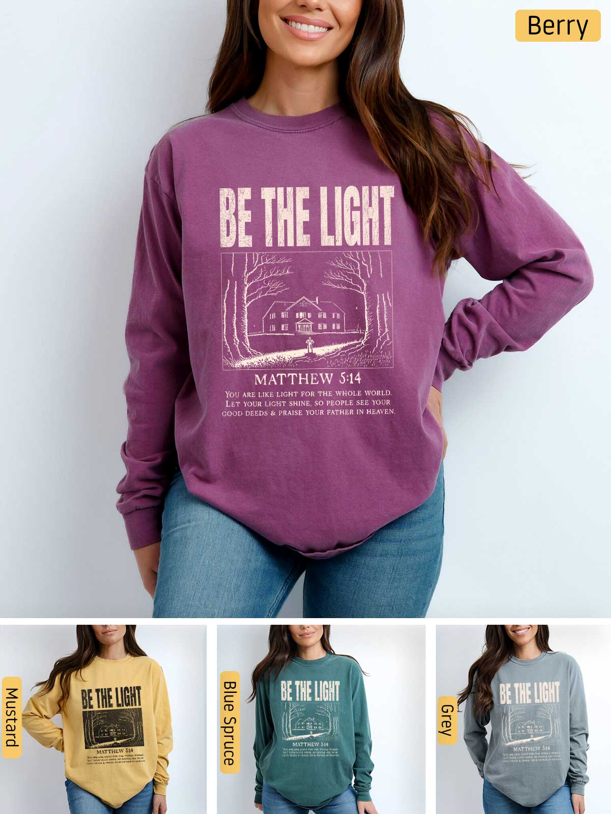 a woman wearing a sweatshirt with the words be the light on it