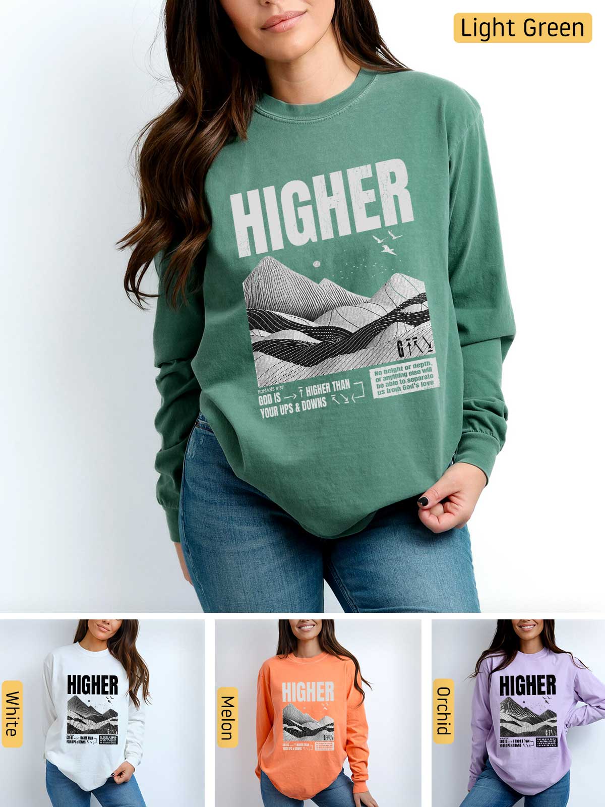 a woman wearing a sweatshirt with the words higher on it