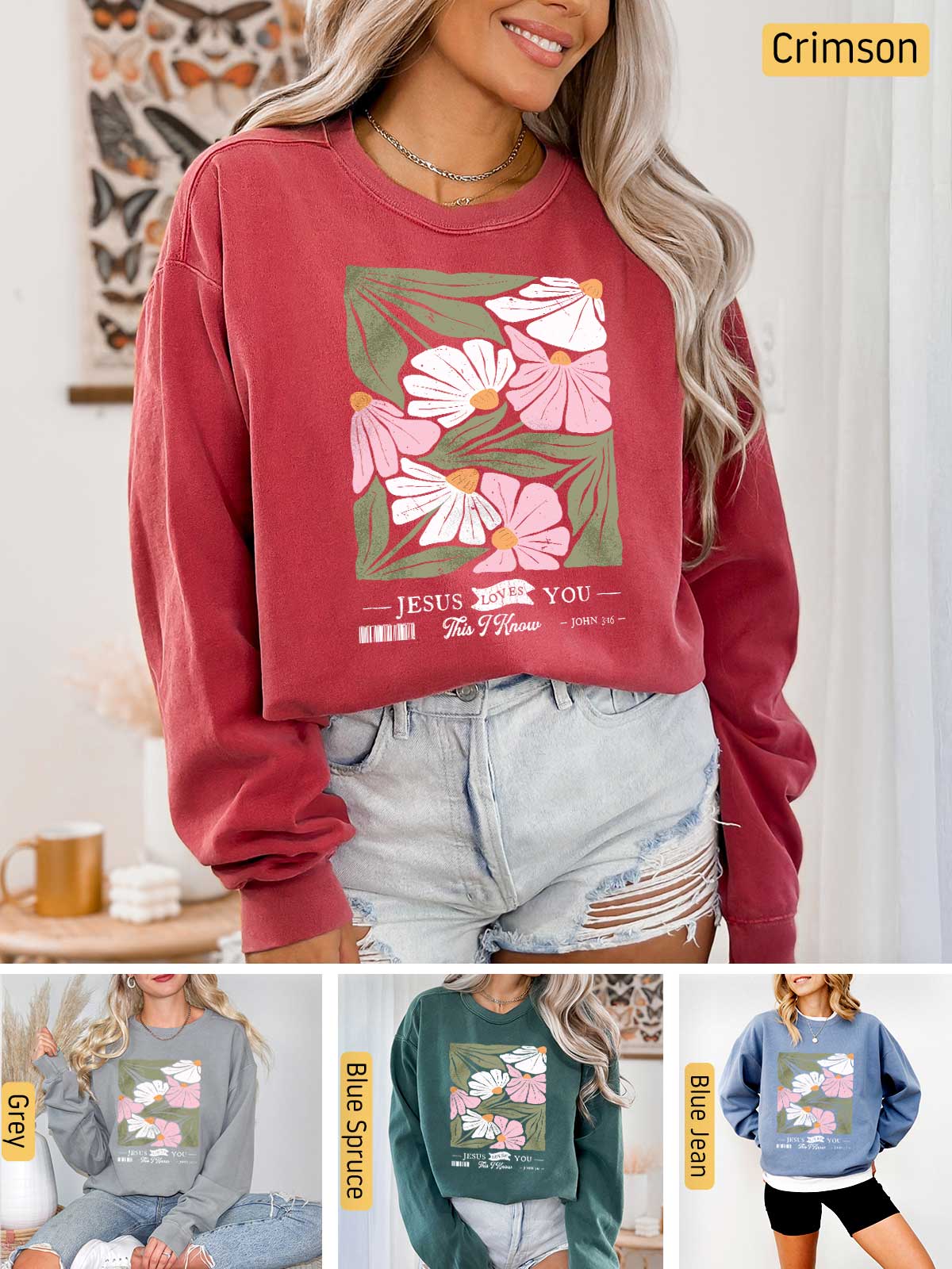 a woman wearing a red sweatshirt with flowers on it