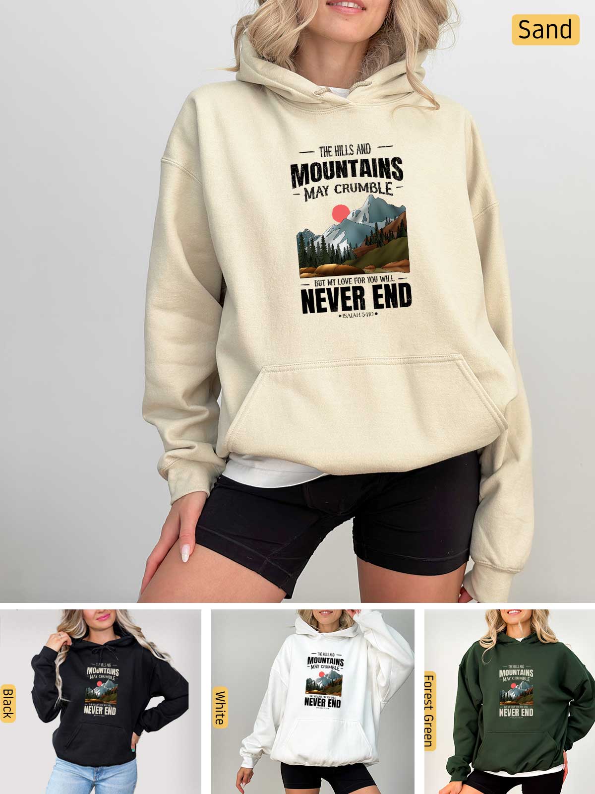 a woman wearing a hoodie that says mountains are never end