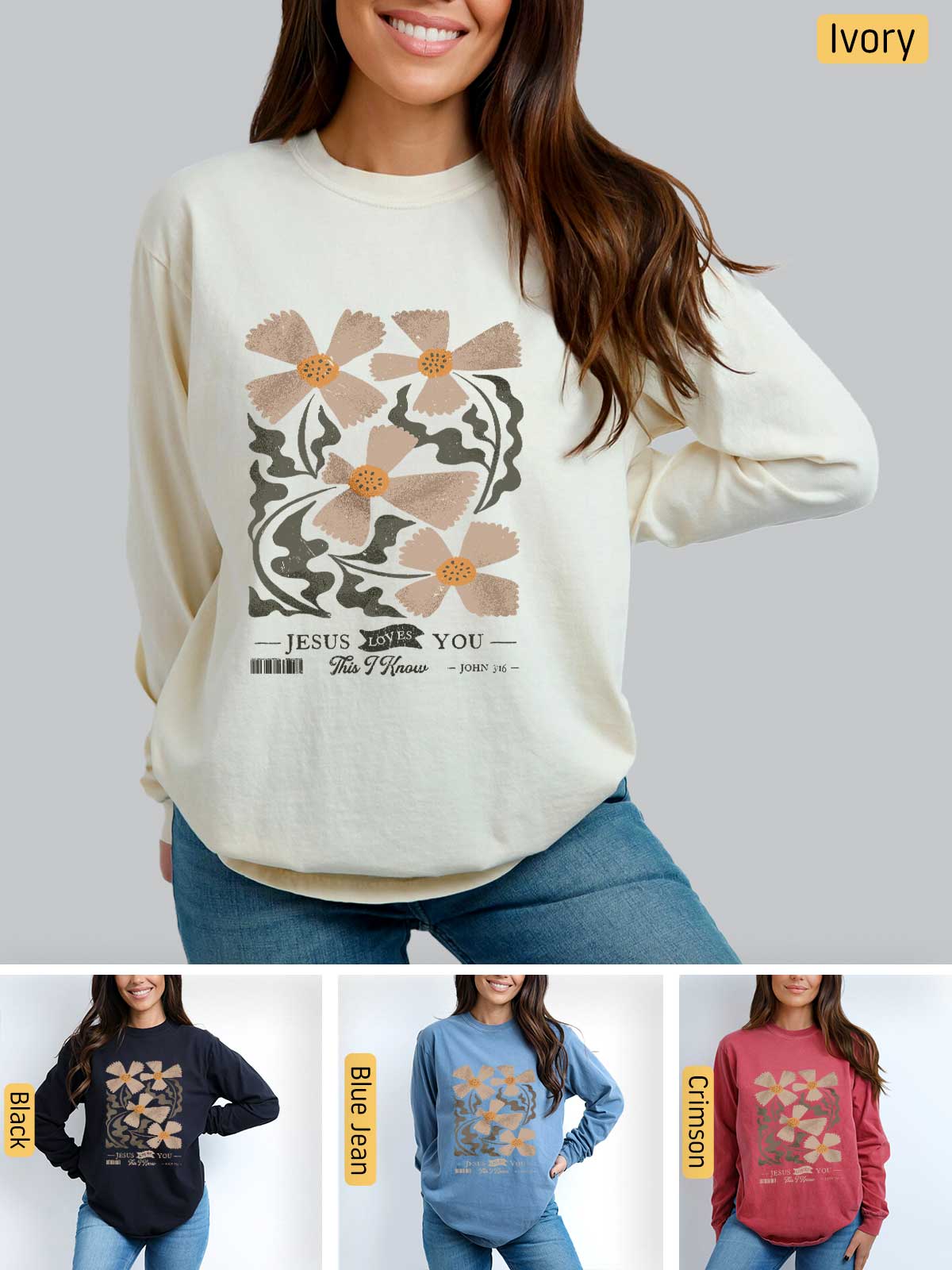 a woman wearing a sweater with flowers on it