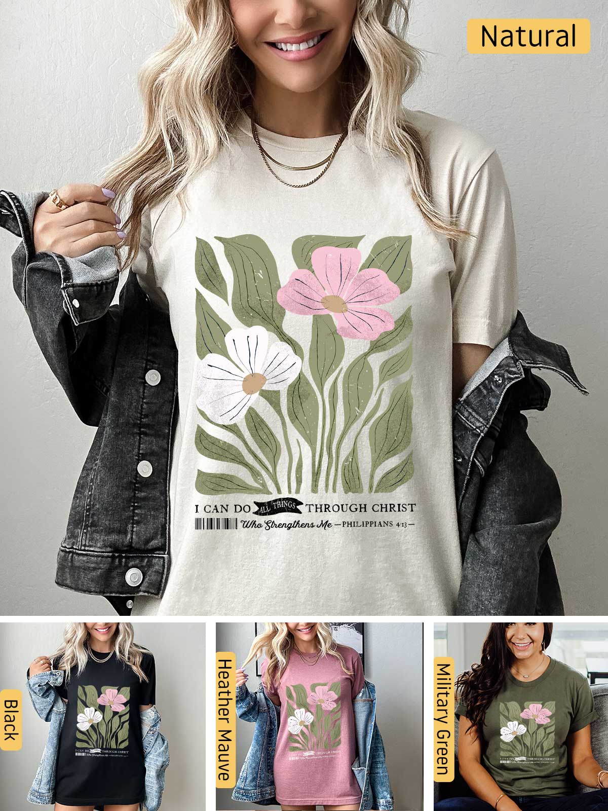 a woman wearing a t - shirt with flowers on it