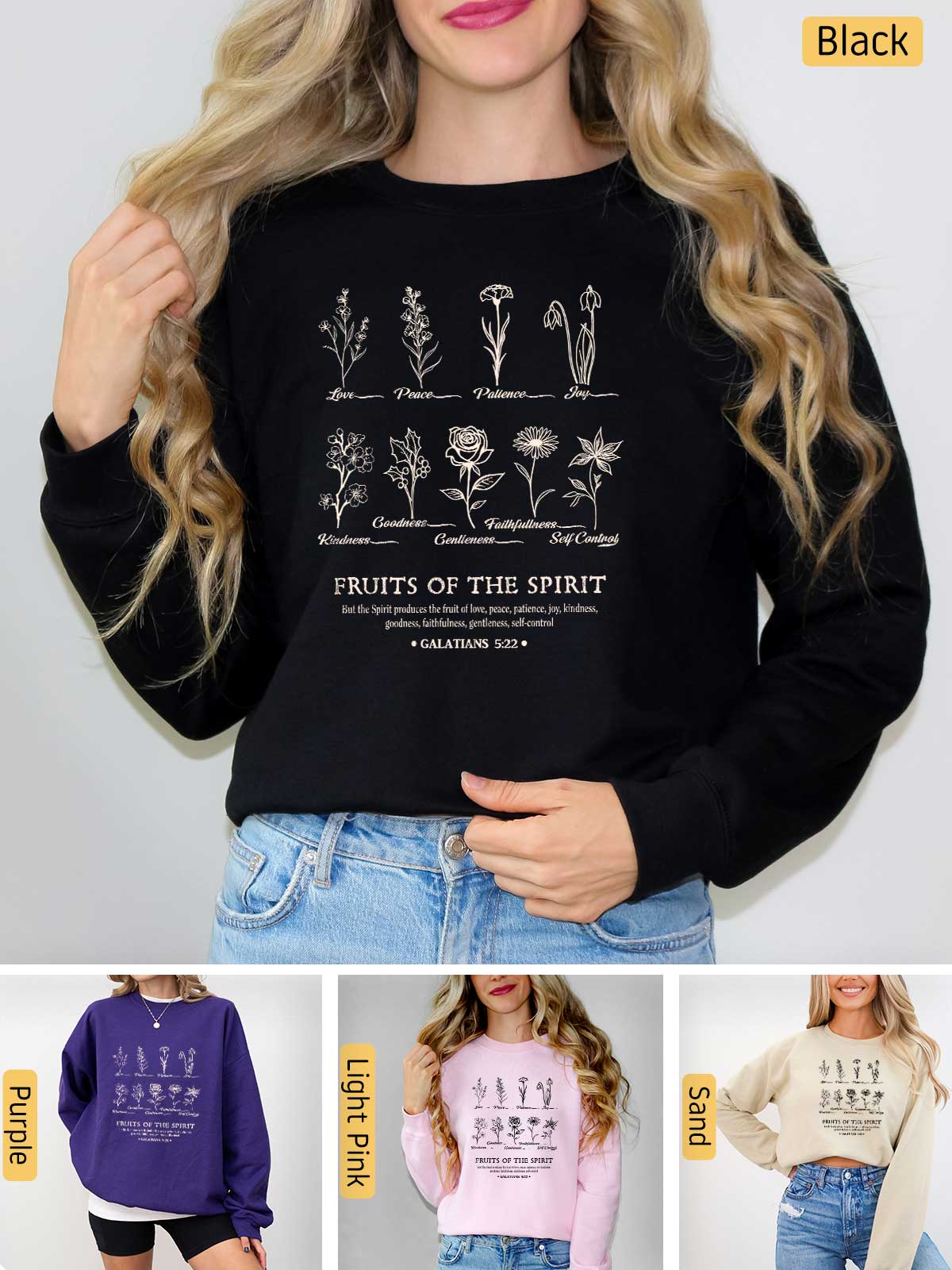 a woman wearing a sweatshirt that says fruits of the spirit