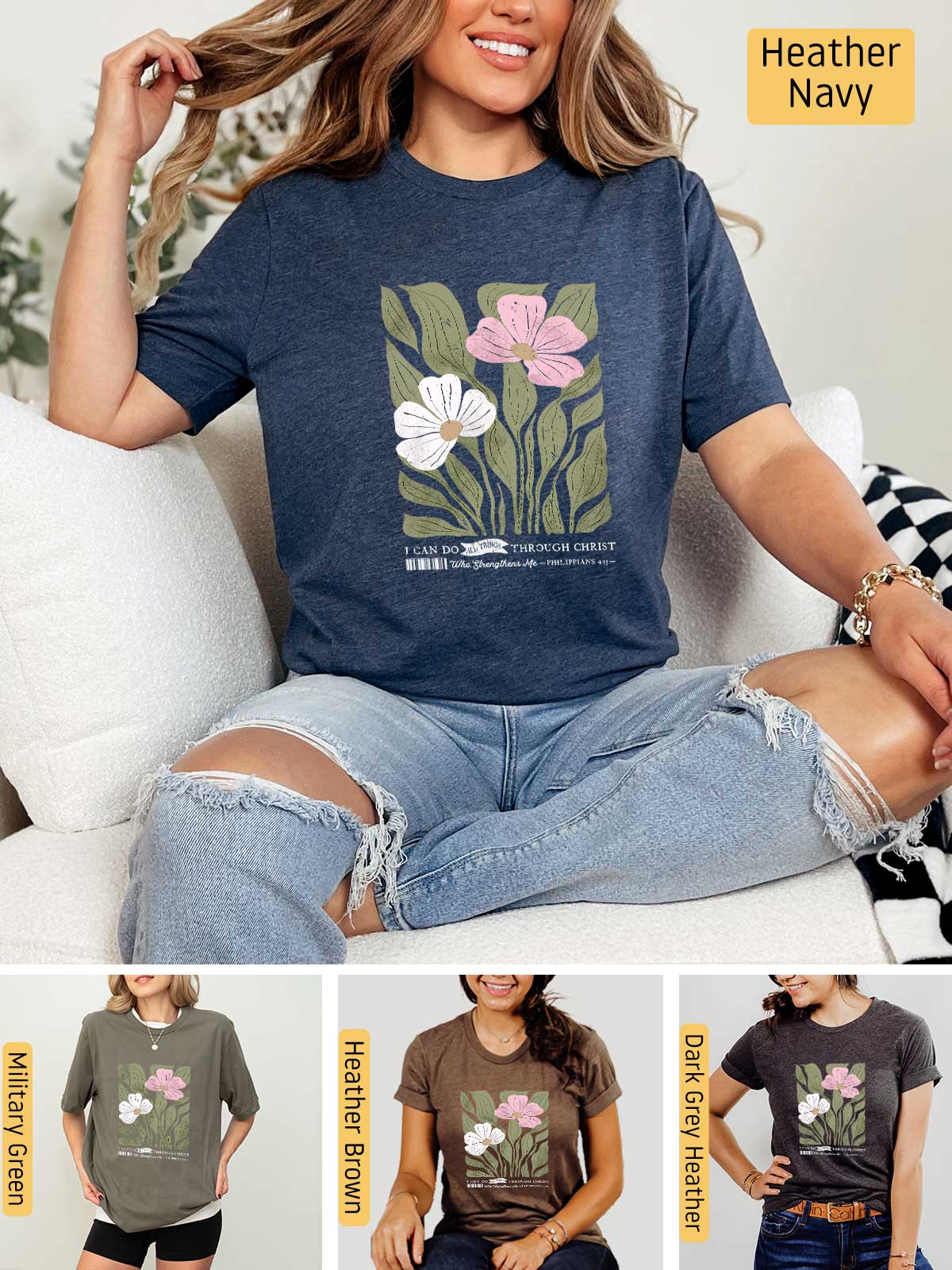 a woman sitting on a couch wearing a t - shirt with flowers on it