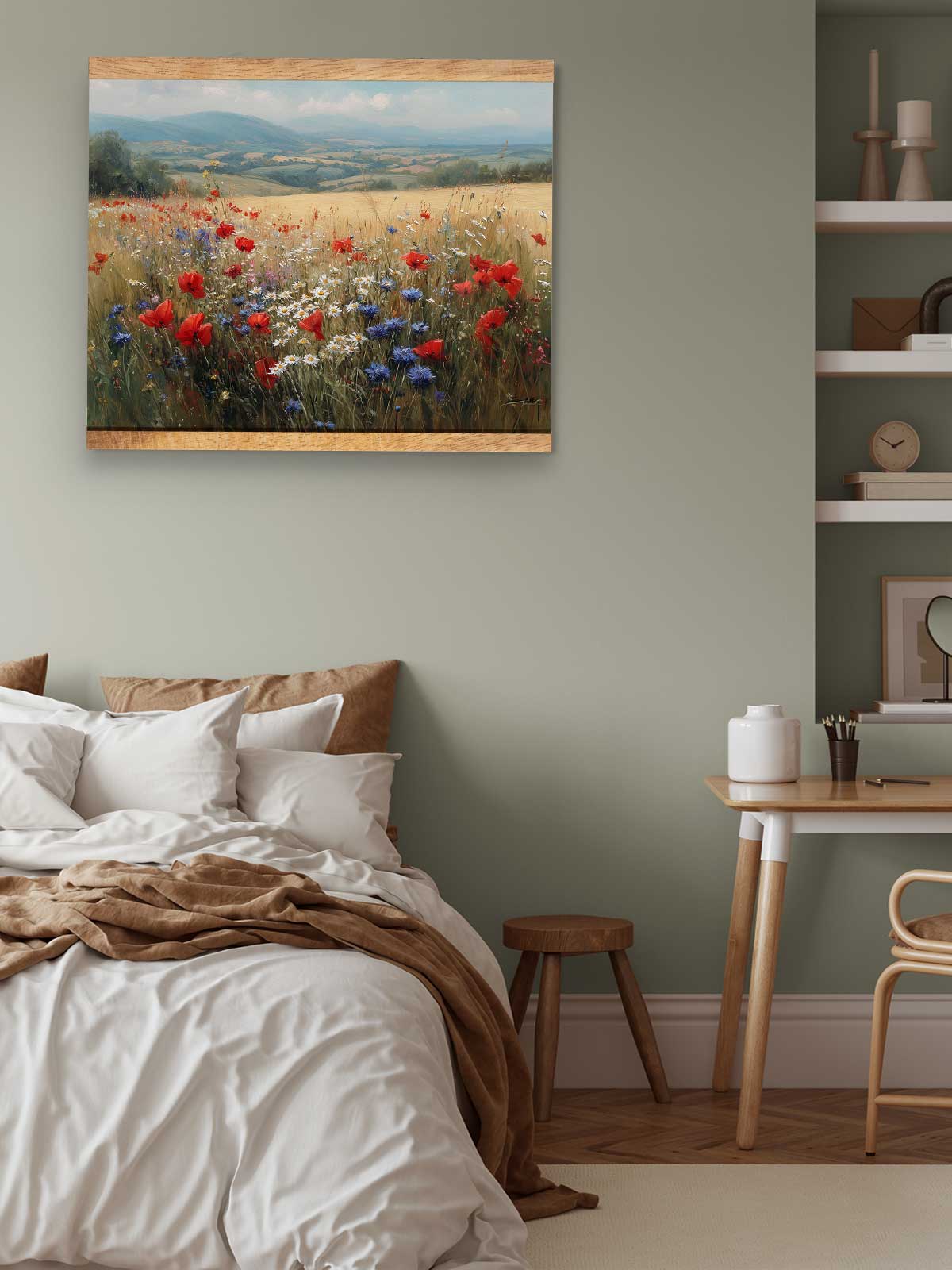 a serene bedroom scene with a bed, wooden furniture, and a framed landscape painting of a field of red poppies and white daisies hanging on the wall.