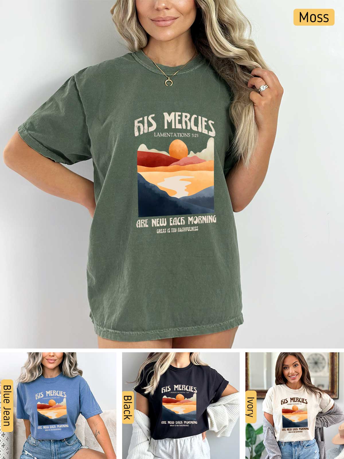 a woman wearing a t - shirt with a sunset scene on it