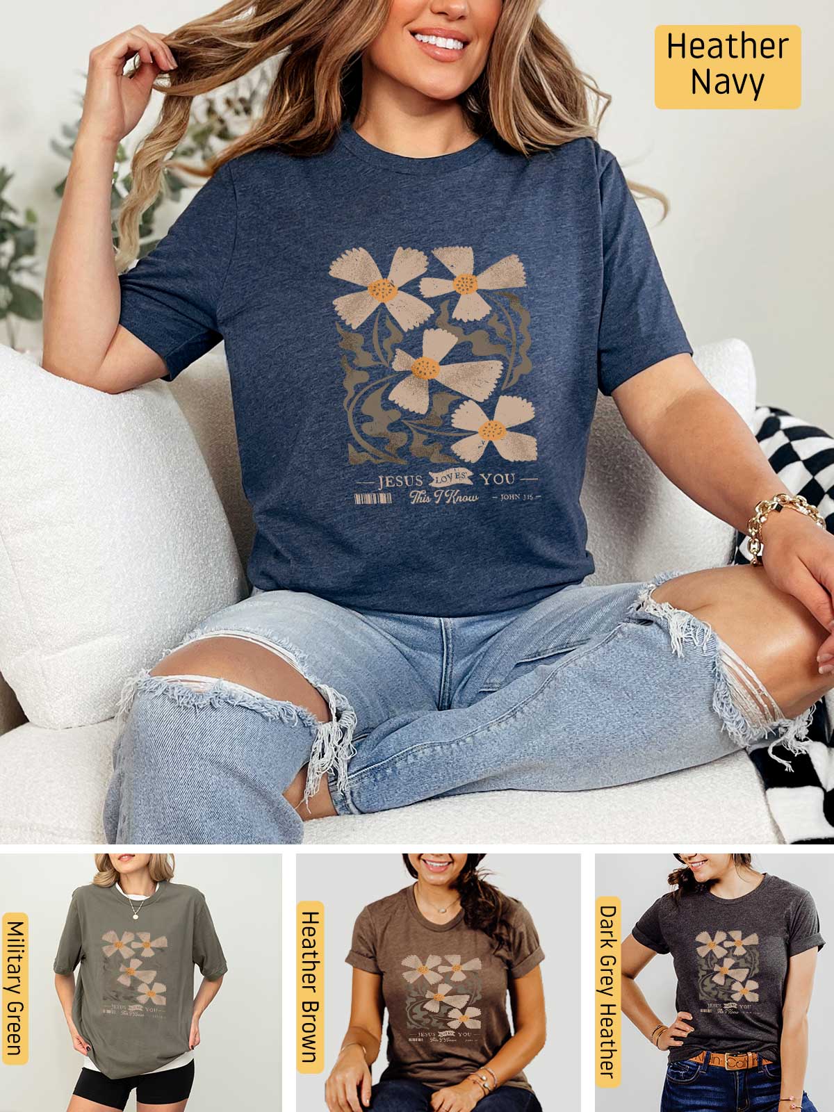 a woman sitting on top of a couch wearing a t - shirt