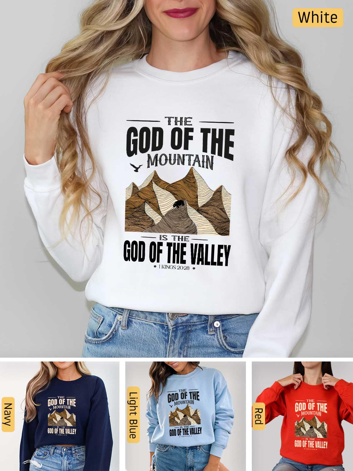 a woman wearing a sweatshirt that says god of the mountain