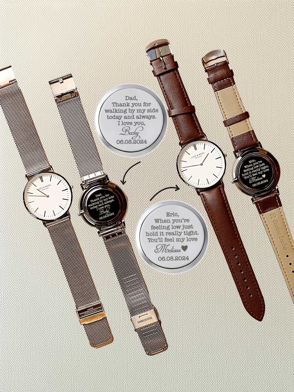 a group of four watches sitting next to each other