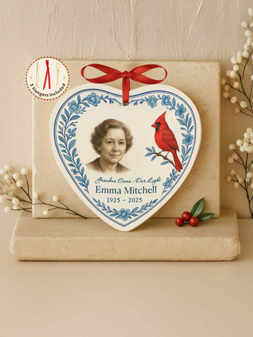Memorial Ornament – Heart Photo with Cardinal