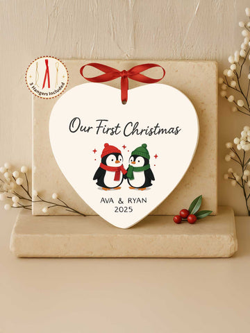 Couples Ornament – Our First Christmas Penguins (Heart)