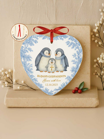 Godparents Ornament – Heart Penguins & Laurel