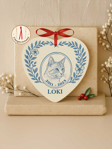 Cat Memorial Ornament – Heart Laurel Line Art