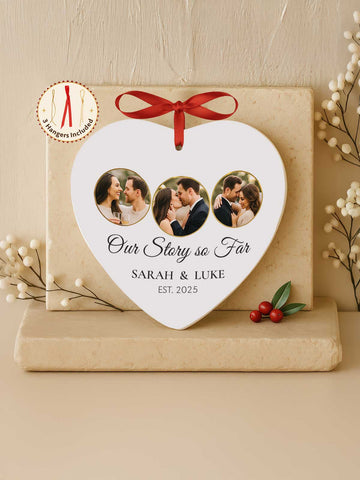 Couples Ornament – Our Story So Far (3-Photo Heart)