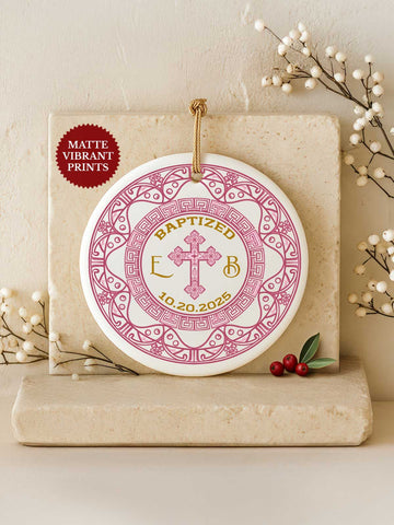 Baptism Ornament – Pink Emblem (Initials)