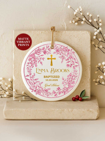 Baptism Ornament – Pink Floral Wreath