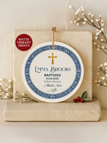 Baptism Ornament – Laurel Cross (Name, Date & Place)