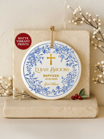 Baptism Ornament – Blue Laurel Wreath