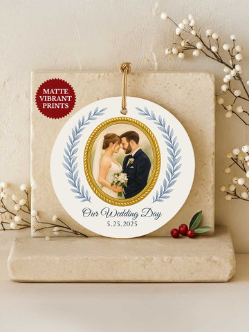 Wedding Ornament – Blue Chinoiserie Wreath (Photo, Circle)