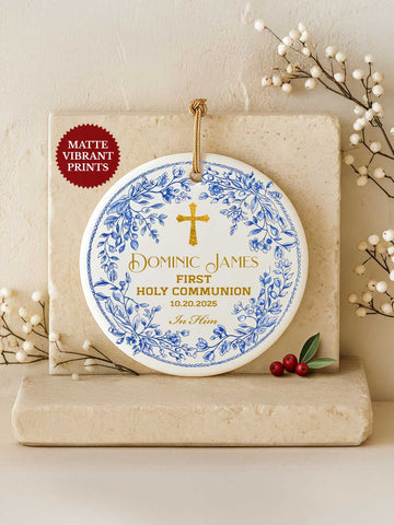 First Communion Ornament – Blue Floral Wreath
